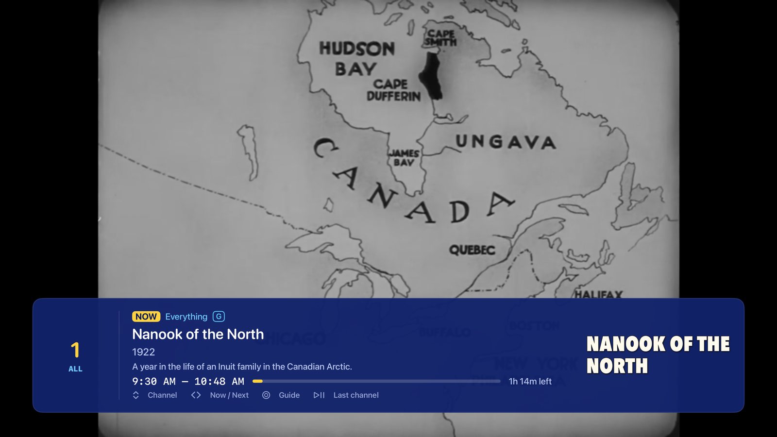 Watching a channel full screen with the channel banner showing what's on