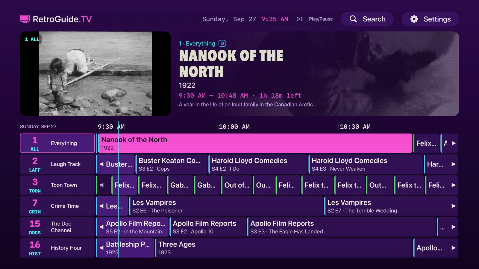 The program guide in the Synthwave theme